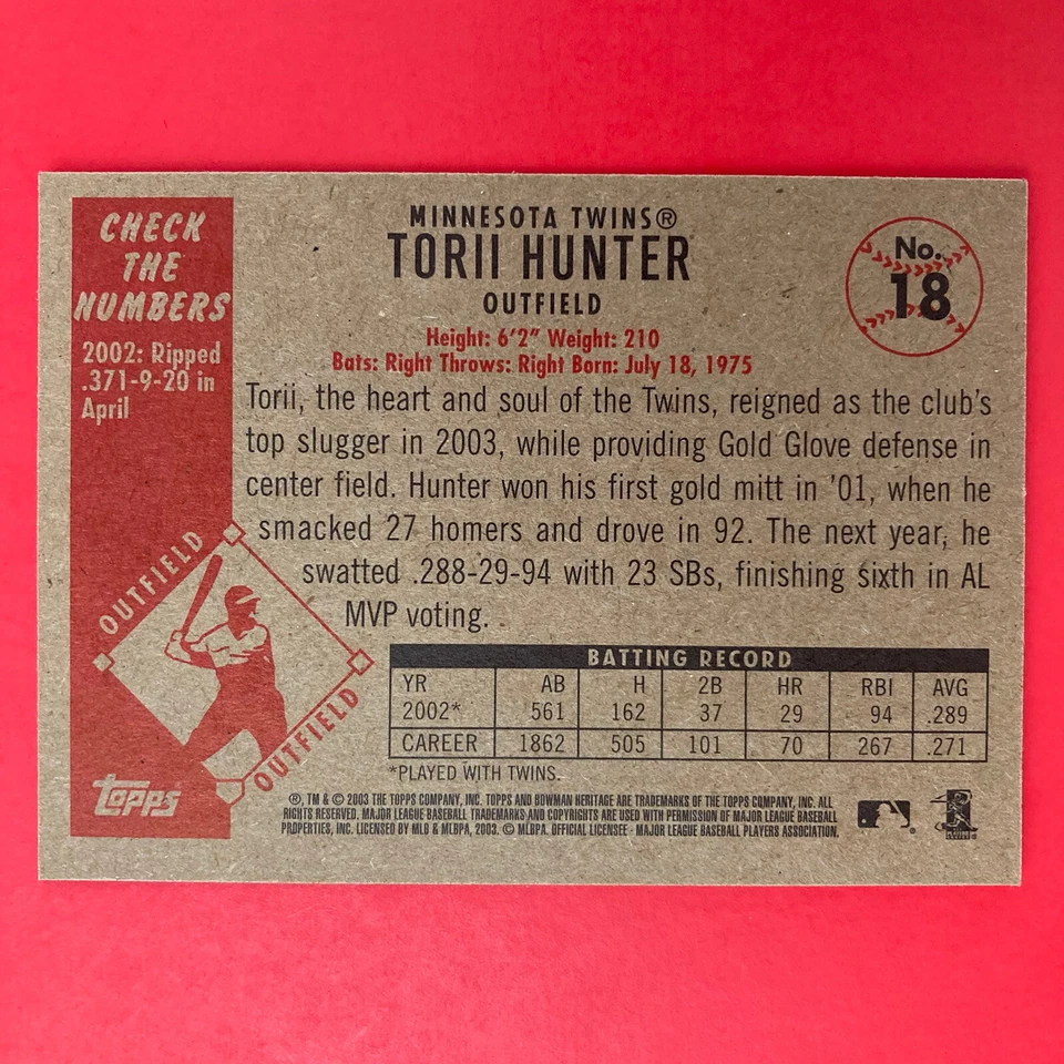 Torii Hunter 2003 Bowman Heritage Card #18 MLB Minnesota Twins - Image 2 of 2