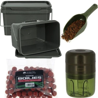 NGT Cubo de cebo de pesca de carpa 5L amoladora eléctrica recargable 200 g Boilies cuchara mezcladora