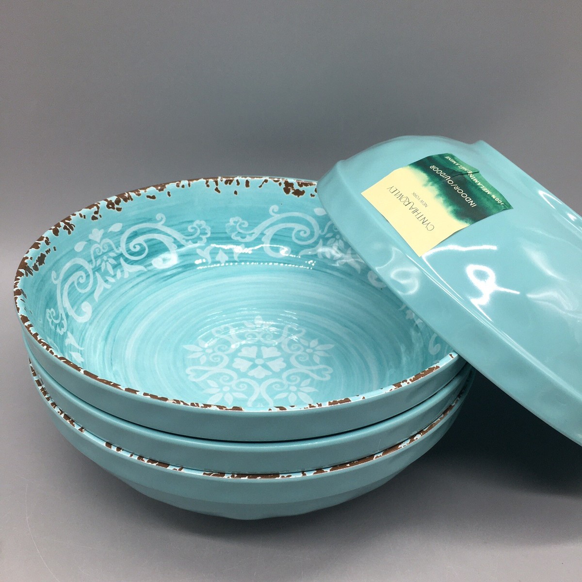 Cynthia Rowley Teal Blue Melamine Cereal Salad Bowl Set