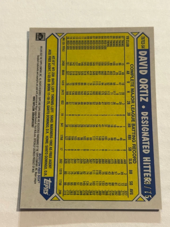 2022 TOPPS DAVID ORTIZ 68/75 SILVER PACK 1987 PURPLE REFRACTOR RED SOX SP - Image 2 of 2