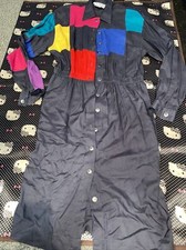 1990s Vintage Color Block Together Midi Coverall Dress Shoulder Pads Sz4