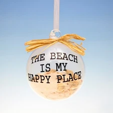 GLASS BALL w/ SAND & SHELLS "THE BEACH IS MY HAPPY PLACE" NAUTICAL XMAS ORNAMENT