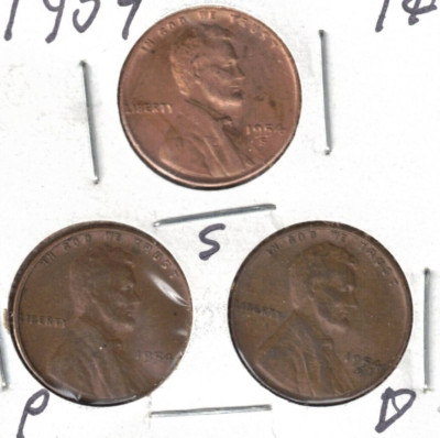1954-D+P+S Circulated Business Strike Copper One Cent Coins!