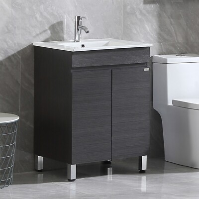 24'' Single Bathroom Vanity Wood Grain Cabinet with Ceramic Sink Faucet Combo Set