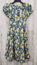 UNIQUE VINTAGE Blue Lemon Print Tie Back Swing Midi Dress Pockets Size SMALL*NEW