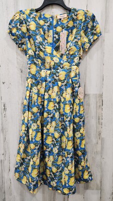 UNIQUE VINTAGE Blue Lemon Print Tie Back Swing Midi Dress Pockets Size SMALL*NEW