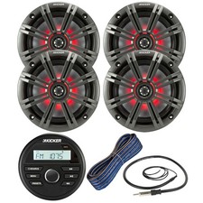 Kicker KMC2 Marine Radio Receiver, 4x 6.5" LED Speakers w/Grille, Wire, Antenna