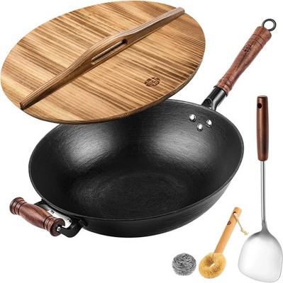 WANGYUANJI Iron Wok 12.6'' Chinese Flat Bottom Wok   Chemical-Free with Stainless
