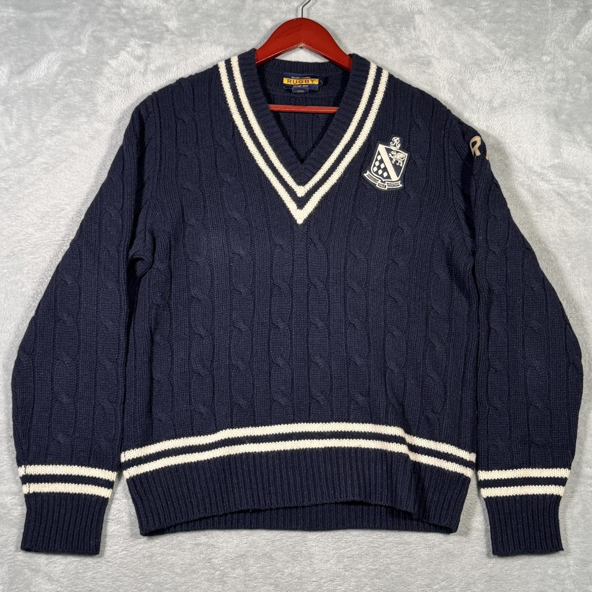 Ralph Lauren Rugby Sweater Mens Large Cable Knit Wool Pullover