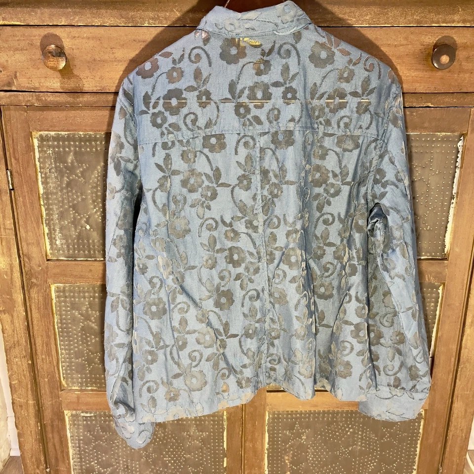 Mirasol Women L Buttonup Blouse Blue Mesh/woven Floral Long Sleeve Linen Blend - Image 2 of 4