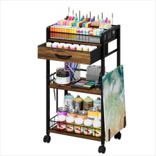 3-Tier Rolling Metal Cart with Drawer Wheels - Art Craft Organizer, Brown