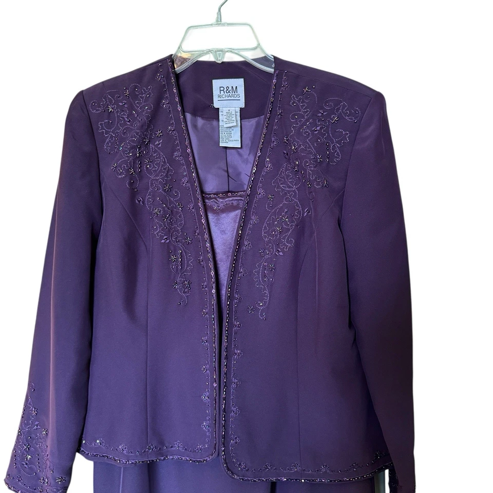 Elegante conjunto de chaqueta de vestir formal para mujer 8 berenjena púrpura satinado madre de la novia Foto 2 de 4