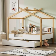 Full Size Wooden House Bed with Trundle and Bookshelf for Children or Guest Room