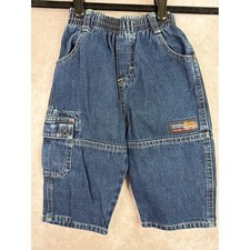 VTG OshKosh B'gosh Cargo Denim Pants Kids 12M Blue Construction Truck Patch