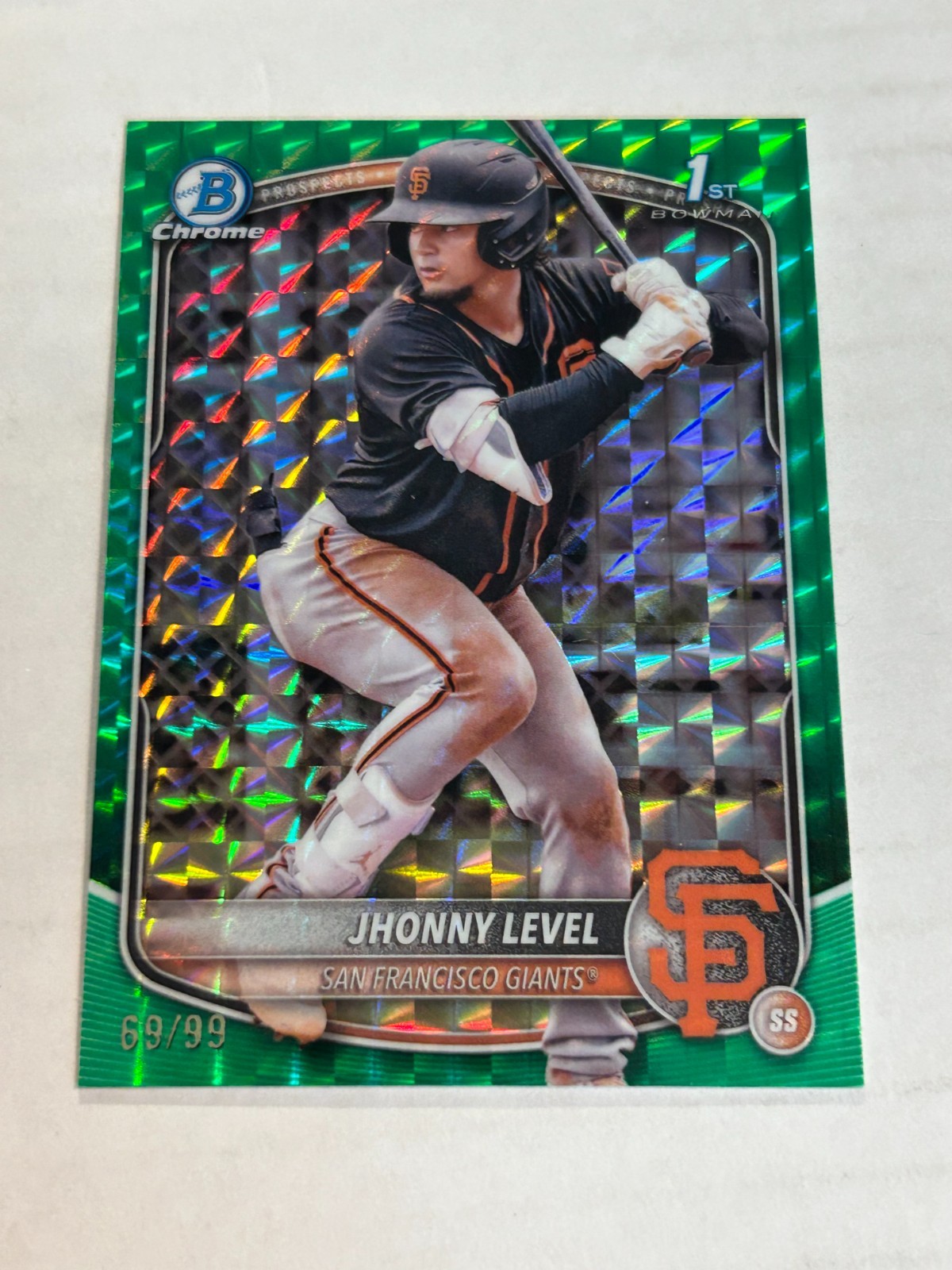 2025 BOWMAN CHROME JHONNY LEVEL 69/99 GREEN GEOMETRIC REFRACTOR 1ST GIANTS TN3