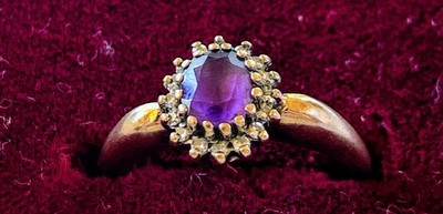 9kt Yellow Gold Amethyst And Diamond Halo Ring. Size N