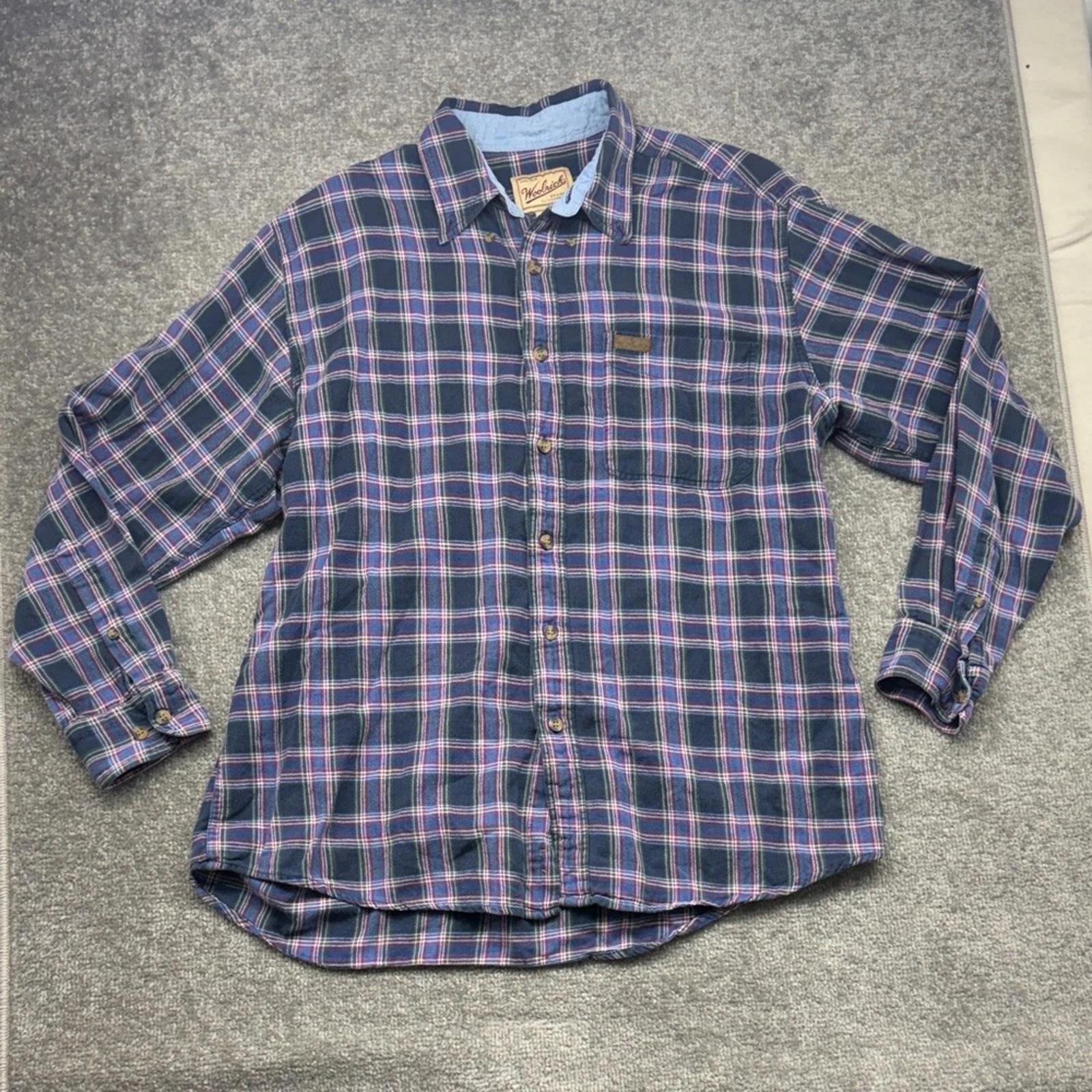 Woolrich Long Sleeve Plaid Button Up Shirt Cotton Outdoor Casual Blue Red Mens L