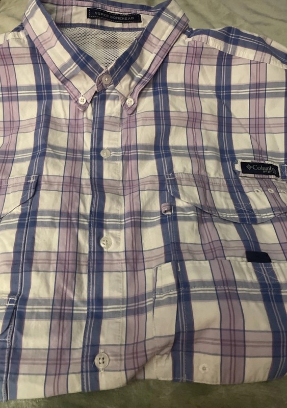 Men’s XXL Columbia PFG Super Bonehead 2XG Shirt SS Vented Blue Plaid  White 2X