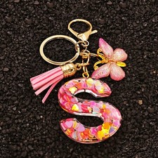 26 Letter Keychain w/ Glitter Heart  Butterfly Tassel Crystal Resin Gift