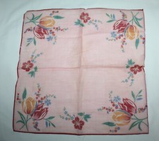 Vintage Hanky Handkerchief  Peach with Red and Yellow Tulips and White Design