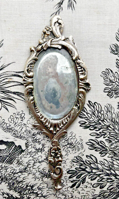Petit Miroir Face à Main Miniature XIXe En Métal Argenté Pour Poupée Ancienne