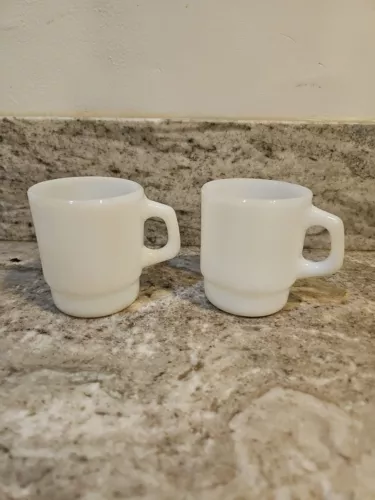 2 Vintage Anchor Hocking Fire King White D Handle Oven Ware 8 oz. Coffee Cup Mug