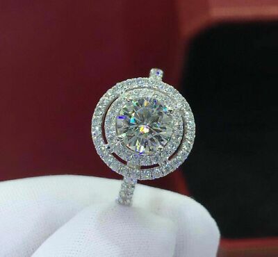 Trendy 3.30Ct White Round Cut Moissanite Double Halo Wedding 14K White Gold Ring