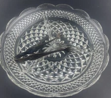 Vtg Anchor Hocking Wexford Clear Glass Divided Relish Plate W/Wm Rogers Tongs