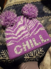 Justice Winter Hat 2 pom poms PURPLE and WHITE with the word "CHILL" Lg Child