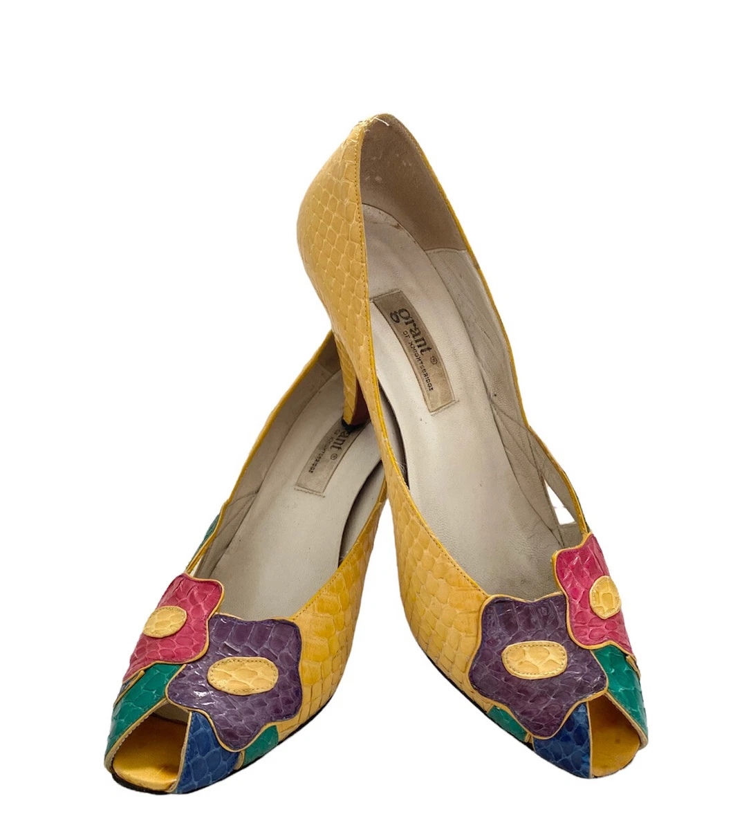 GRANT of Knightsbridge 80s Snakeskin Floral Peep Toe Heels Size 37.5 US AU 7