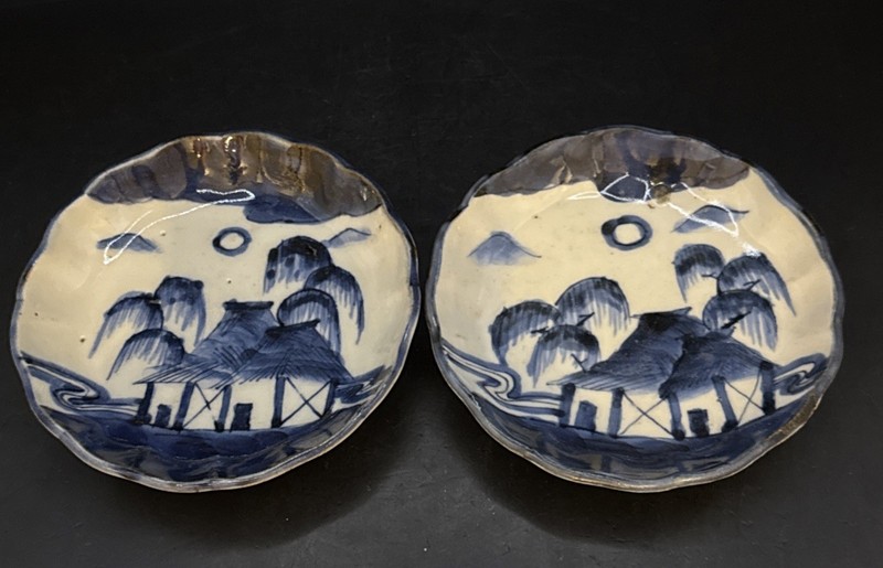 Set Of 2 Antique Japanese Imari Blue & White Landscape PLATE/dish 4” D