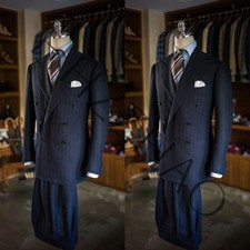 Navy Blue Striped Men's Suits Peak Lapel Business Wedding Groom Tuxedo Two Piece