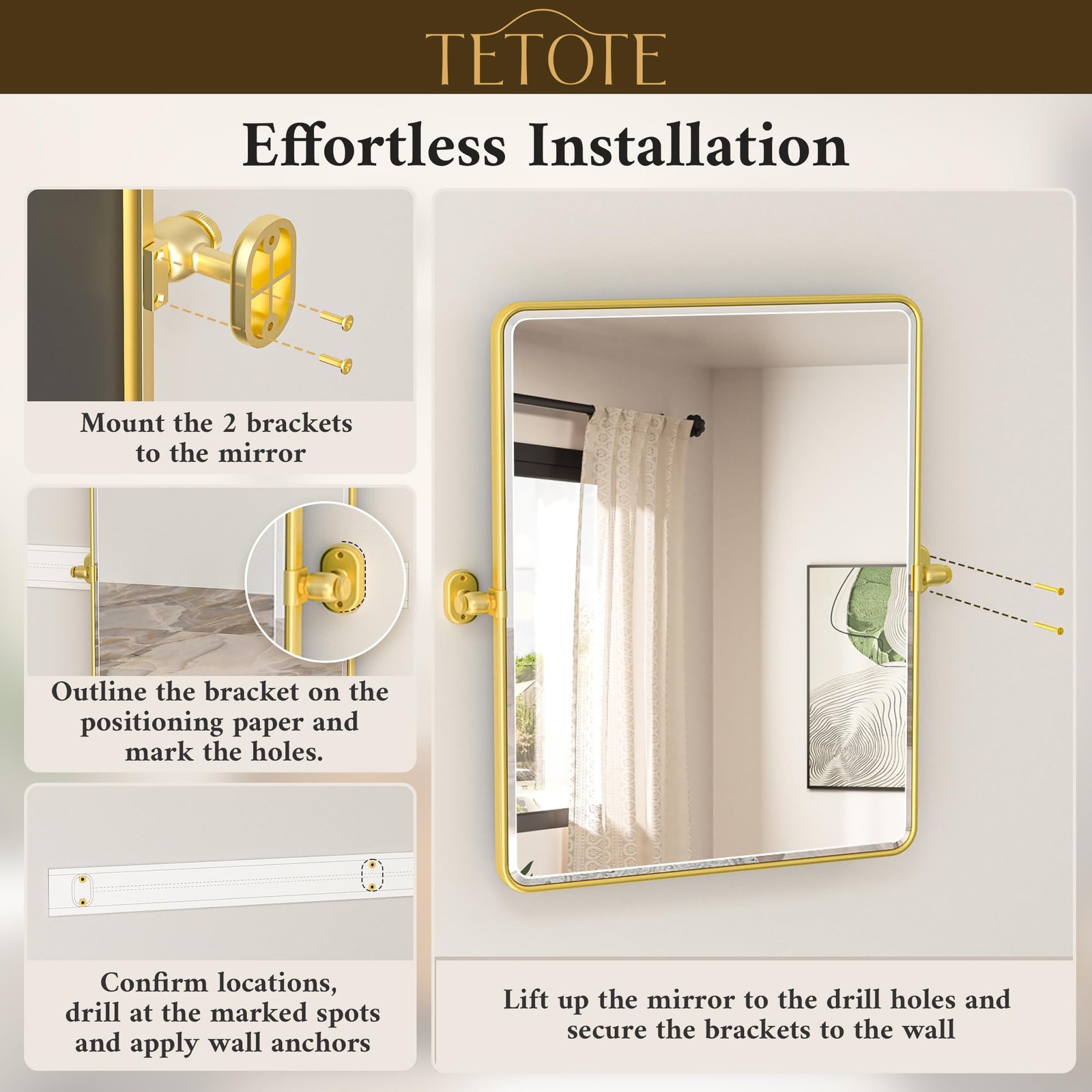 Pivot Mirror for Bathroom 20 x 30 Glossy Gold Tilt Rectangle Metal Framed Van... thumbnail 8