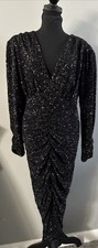 EXPRESS $198 BLACK SEQUIN V-NECK PUFF SHOULDER RUCHED MIDI SHEATH DRESS XL NWT