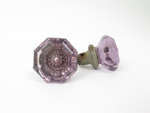 Antique Purple Amethyst Glass Door Knobs Pair Brass Vintage Hardware