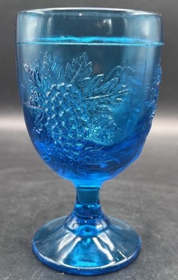 LE Smith Colonial Blue Glass Goblet Grapes and Leaves Pattern