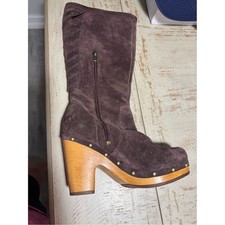 UGG Dark Brown Suede Mid-Calf Heeled Clog Boots