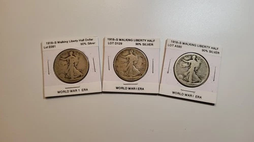 🔥Lot of 3 - 1918 S Walking Liberty 90% Silver Half Dollars - $1.5 face Ag