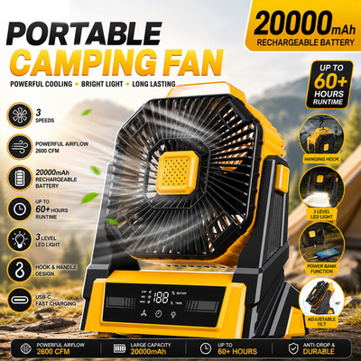 20000mAh Camping Fan Rechargeable Portable Fan with Remote LED Lights & 4 Speeds