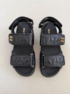 Miu Miu Black Quilted Leather Flat Sandals for Women with Logo Size 7.5