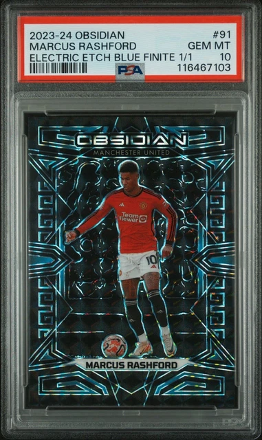 2023-24 Panini Obsidian Marcus Rashford Electric Etch Blue Finite 1/1 PSA 10