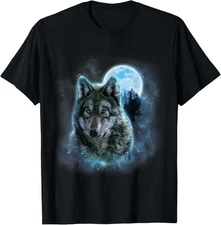 Grey Wolf Hunting Ground, Icy Moon, Forest, Galaxy T-Shirt Size S-5XL