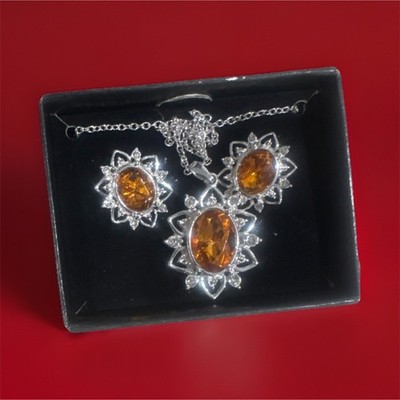 Silver Orange Oval Stone Necklace & Earrings Jewelry Set