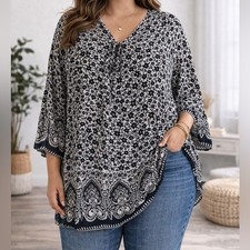 Essentials Black & White Floral Tie-Neck Tuni...