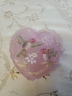 Fenton Hummingbird Heart Shape Pink Satin Glass Trinket Box Hand Painted Signed