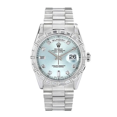 Rolex Day-Date 36 Watch 36MM Ice Blue Diamond Index Markers Dial Gem Set