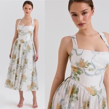 House of CB Minerva Soft Blue Vintage Ribbon Print Chiffon Midi Sundress Size L