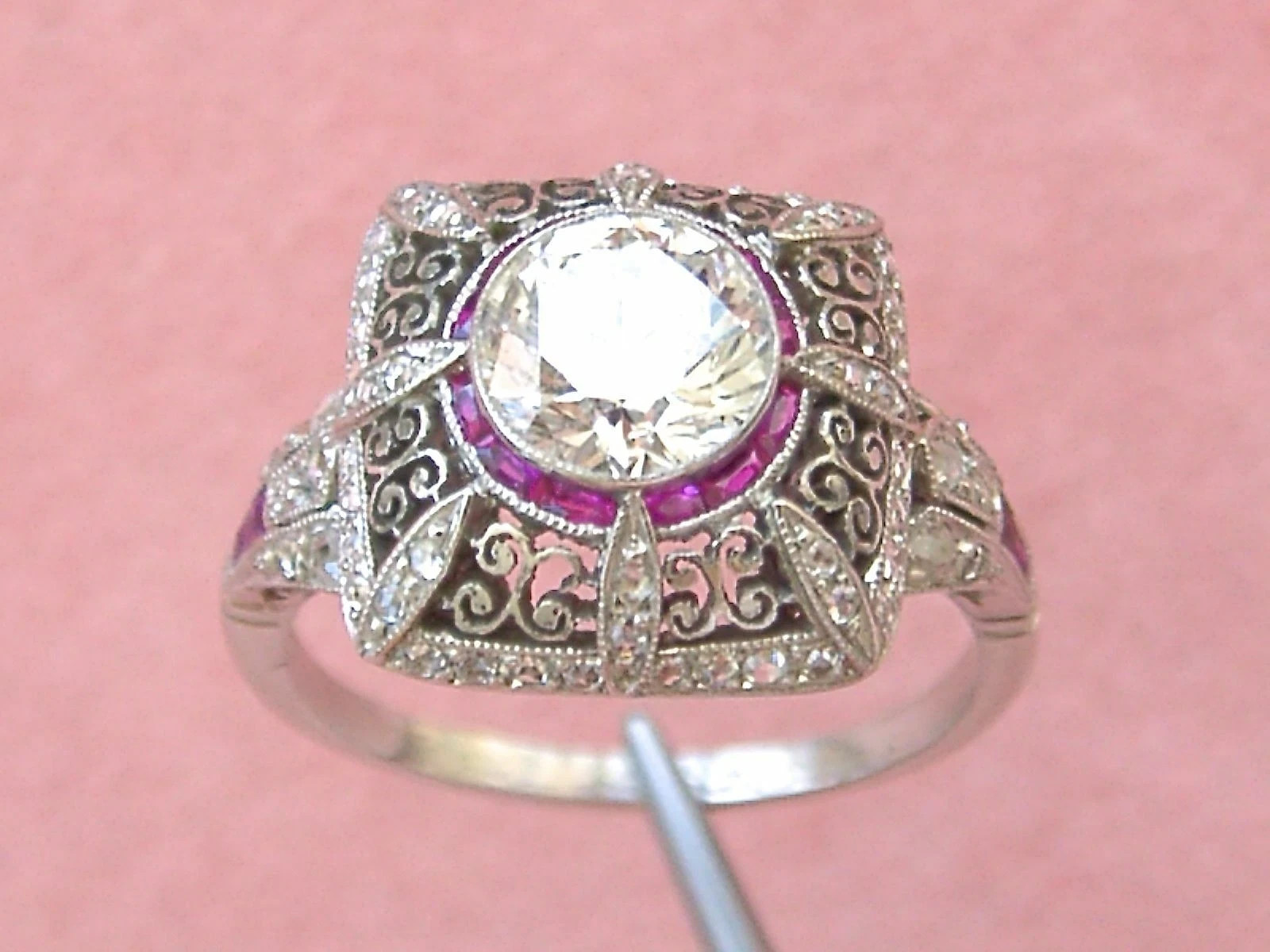 2.88CT Round Cut Lab Created Diamond Art Deco Vintage Ruby Halo Ring 14K Gold FN