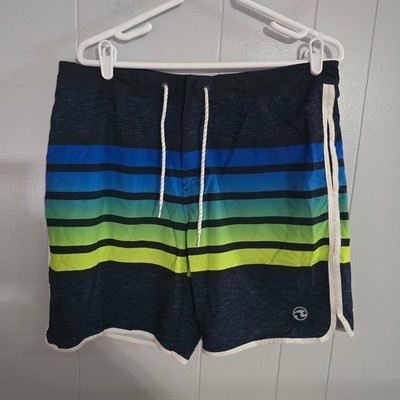 Ocean Current Board Shorts Mens 34 Blue Green Striped Scalloped Hem Swim Trunks