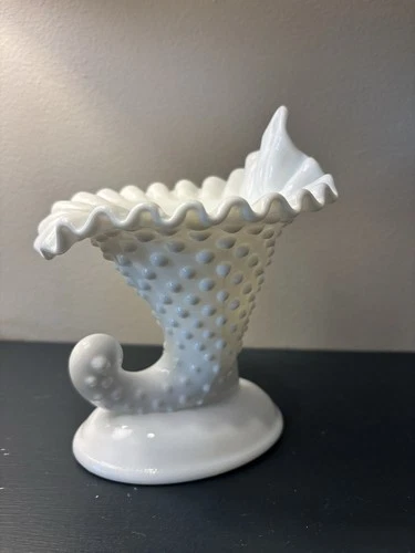 Vintage White Hobnail Fenton Art Glass Trumpet Vase Ruffled Top